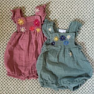 Two ANGEL DEAR hand-embroidered muslin bubble rompers 0-3M
